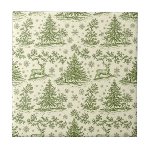 Oudgroene Kerst Toile Hertenpatroon Tegeltje