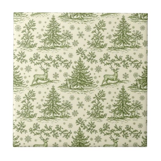 Oudgroene Kerst Toile Hertenpatroon Tegeltje (Voorkant)