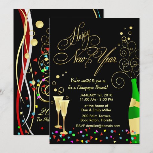 Oudjaarfeest Uitnodigingen - Champagne Brunch (Voorkant / Achterkant)