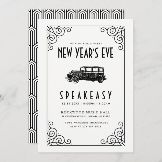 OUDJAARSAVOND FEest UITNODIGING | Jaren 20 Spreek  (Voorkant / Achterkant)