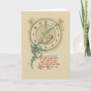 Oudjaarsbabys Vintage Klok Feestdagen Kaart