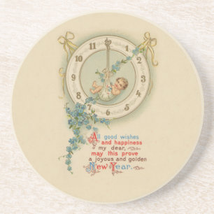 Oudjaarsbabys Vintage Klok Zandsteen Onderzetter