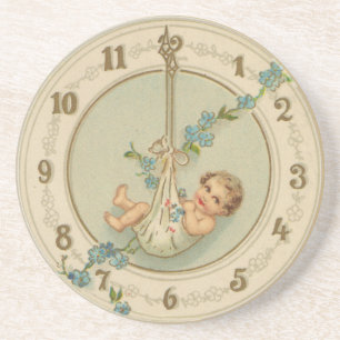 Oudjaarsbabys Vintage Klok Zandsteen Onderzetter