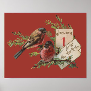Oudjaarsvogels Antieke Kerstkaart Poster