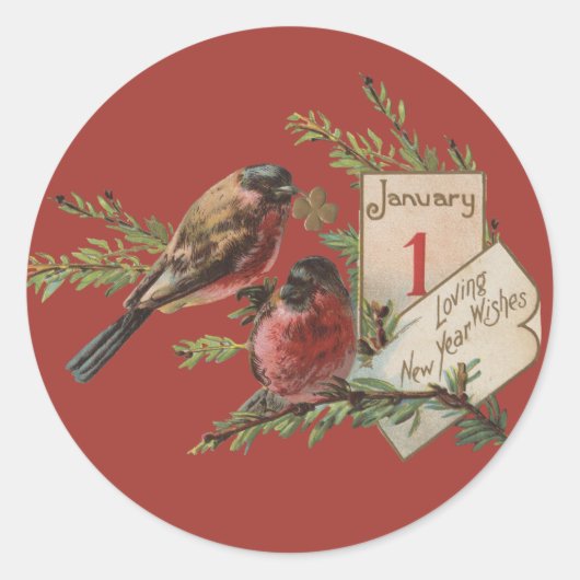 Oudjaarsvogels Antieke Kerstkaart Ronde Sticker (Voorkant)