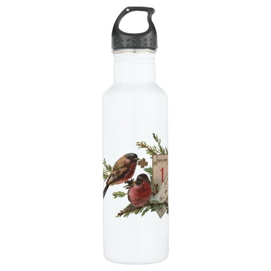 Oudjaarsvogels Antieke Kerstkaart Waterfles (Voorkant)