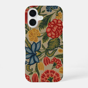 Oudrood en gouden Crewel bloempatroon iPhone 16 Hoesje
