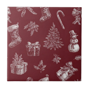 Oudrood kerst toile crimson rood wit vakantieseizo tegeltje