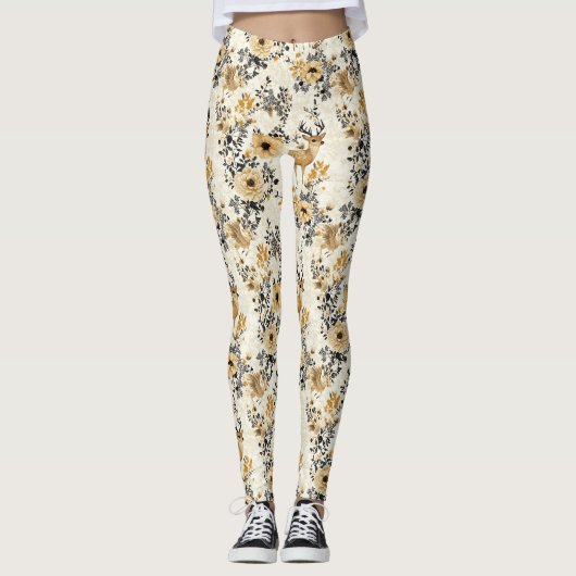 Oudroze bloemmotief met reeën leggings (Voorkant)