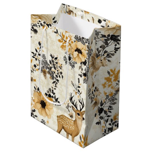 Oudroze bloemmotief met reeën medium cadeauzakje (Voorkant Gekanteld)