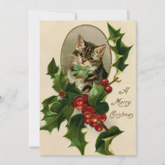 Oudroze Kerst Tabby Poesje Hulst en Bessen Feestdagenkaart