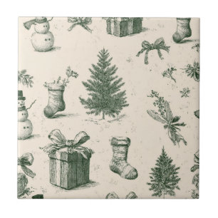 Oudroze Kerst toile bosgroen crème patroon Tegeltje