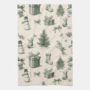 Oudroze Kerst toile bosgroen crème patroon Theedoek