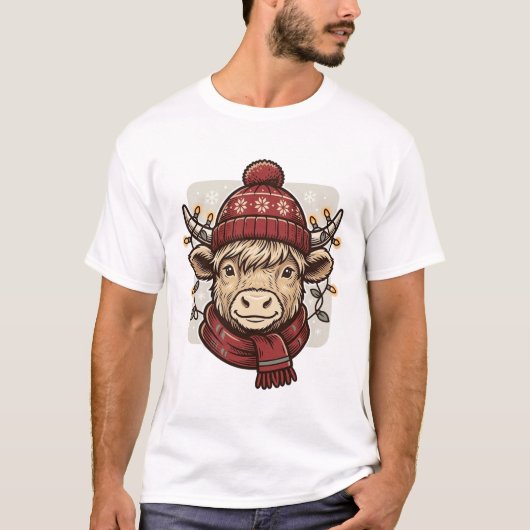 Oudroze Kerstmis Hoogland Koe Vector T-shirt Ontwe (Voorkant)