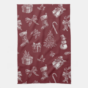 Oudroze Kerstmis Toile Dieprood Wit Vakantie Theedoek