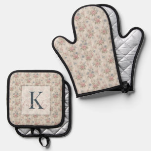 OudRustiek Vervallen Chic Bloemmotief op Hout Boer Ovenwant & Pannenlap Set