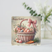 Oudrustieke mand met kanten boog en pastel eieren feestdagenkaart (Staand voorkant)