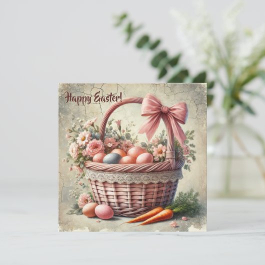 Oudrustieke mand met kanten boog en pastel eieren feestdagenkaart (Staand voorkant)