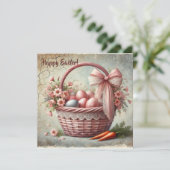 Oudrustieke mand met lint en pastelkleurige eieren feestdagenkaart (Staand voorkant)