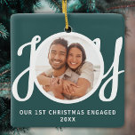 Our 1st Christmas Engaged Photo Green Keepsake Keramisch Ornament<br><div class="desc">This keepsake First Christmas Engaged photo ornament is decorated with the word JOY in stylish script typography on a green background. Easily customizable.</div>
