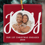 Our 1st Christmas Engaged Photo Red Keepsake Keramisch Ornament<br><div class="desc">This keepsake First Christmas Engaged photo ornament is decorated with the word JOY in stylish script typography on a red background. Easily customizable.</div>