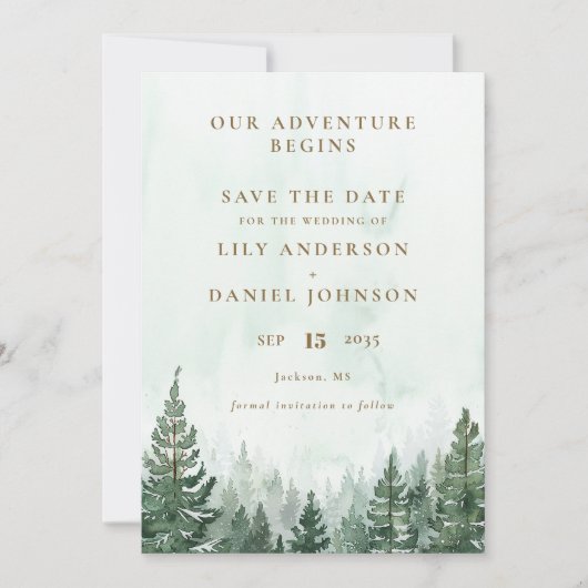 Our Adventure Rustic Pine Tree Forest Wedding Save The Date (Voorkant)