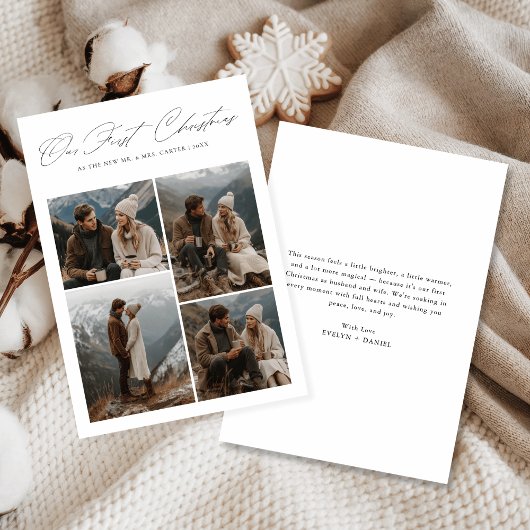 Our First Christmas 4 Photo Script Newlyweds Feestdagenkaart