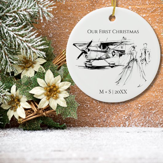 Our First Christmas Airplane Wedding Couple Photo Keramisch Ornament