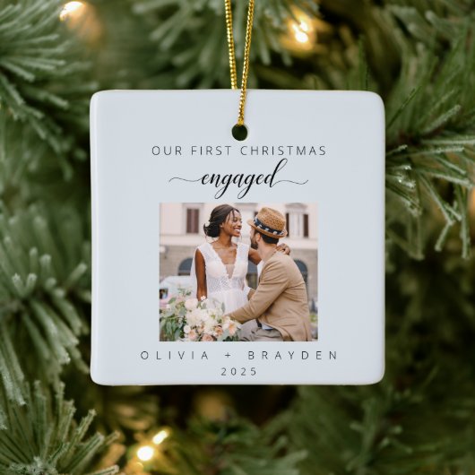 Our First Christmas As Engaged Winter Photo Keramisch Ornament (Boom)