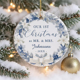 Our First Christmas as Mr Mrs Floral Wreath Keramisch Ornament