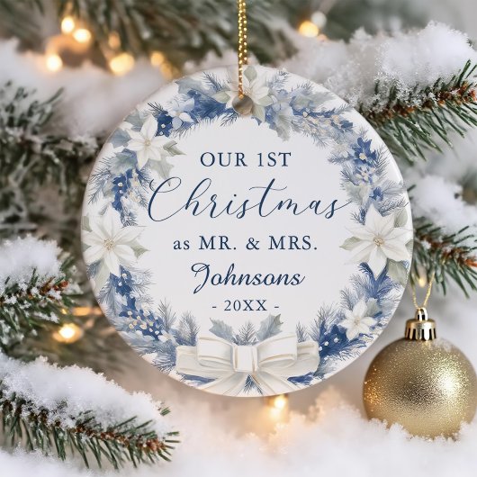 Our First Christmas as Mr Mrs Floral Wreath Keramisch Ornament