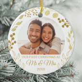 Our First Christmas As Mr & Mrs Gold Foliage Photo Keramisch Ornament