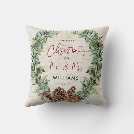 Our First Christmas as Mr & Mrs Rustic Pine Wreath Kussen (Achterkant)