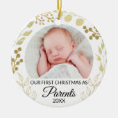 Our First Christmas As Parents Photo Gold Foliage Keramisch Ornament (Voorkant)