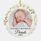 Our First Christmas As Parents Photo Gold Foliage Keramisch Ornament (Achterkant)