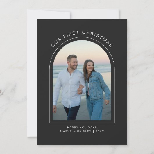 Our First Christmas Black Arch Modern 2 Photo Feestdagenkaart (Voorkant)