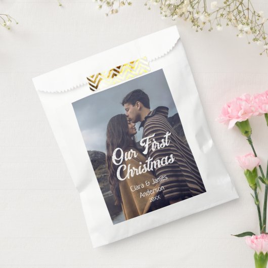 Our first Christmas couple photo name white gray Bedankzakje (Gezegeld)