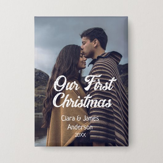 Our first Christmas couple photo name white gray Button (Voorkant)