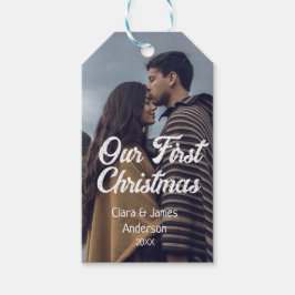Our first Christmas couple photo name white gray Cadeaulabel
