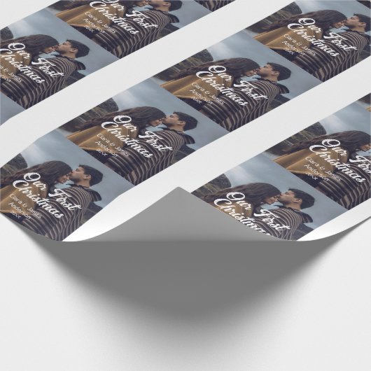 Our first Christmas couple photo name white gray Cadeaupapier (Hoek)