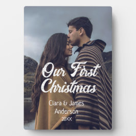 Our first Christmas couple photo name white gray Fotoplaat