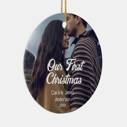 Our first Christmas couple photo name white gray Keramisch Ornament (Rechts)