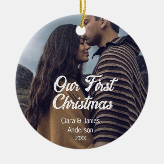 Our first Christmas couple photo name white gray Keramisch Ornament (Voorkant)