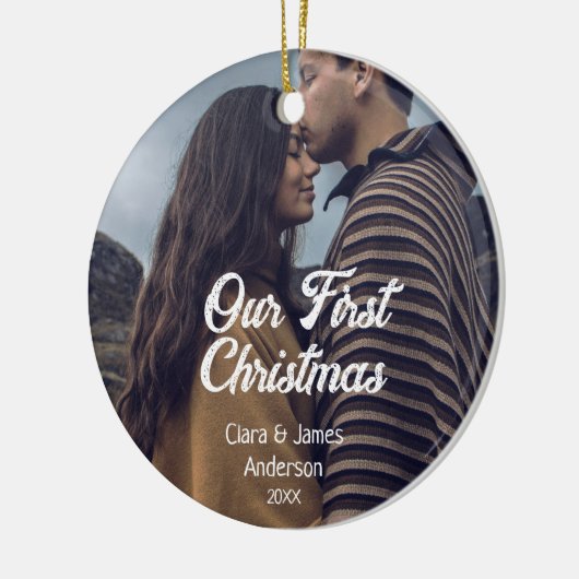 Our first Christmas couple photo name white gray Keramisch Ornament (Links)