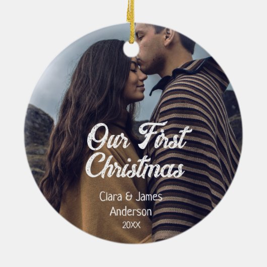 Our first Christmas couple photo name white gray Keramisch Ornament (Achterkant)