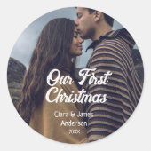Our first Christmas couple photo name white gray Ronde Sticker (Voorkant)