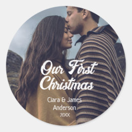 Our first Christmas couple photo name white gray Ronde Sticker