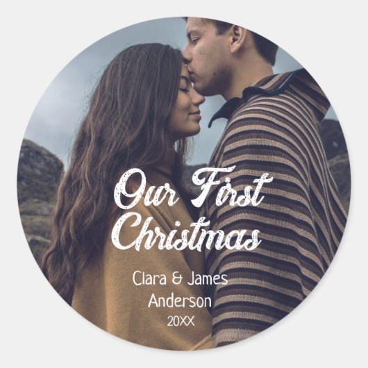 Our first Christmas couple photo name white gray Ronde Sticker (Voorkant)