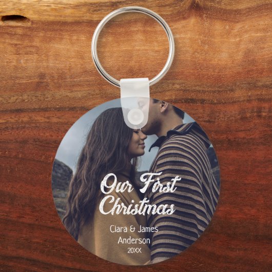 Our first Christmas couple photo name white gray Sleutelhanger (Achterkant)