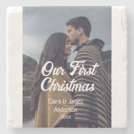 Our first Christmas couple photo name white gray Stenen Onderzetter